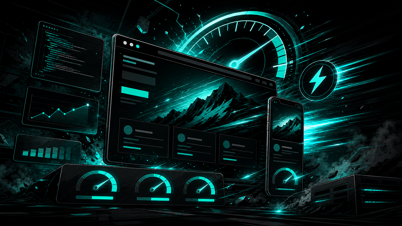 Graphic novel performance engineering scene with speed gauges and fast website interfaces